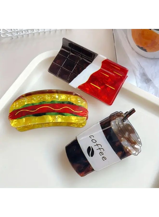 Large Food Themed Hair Claw Hamburger Coffee Chocolate Design Womens Fashion Accessory - Image 1